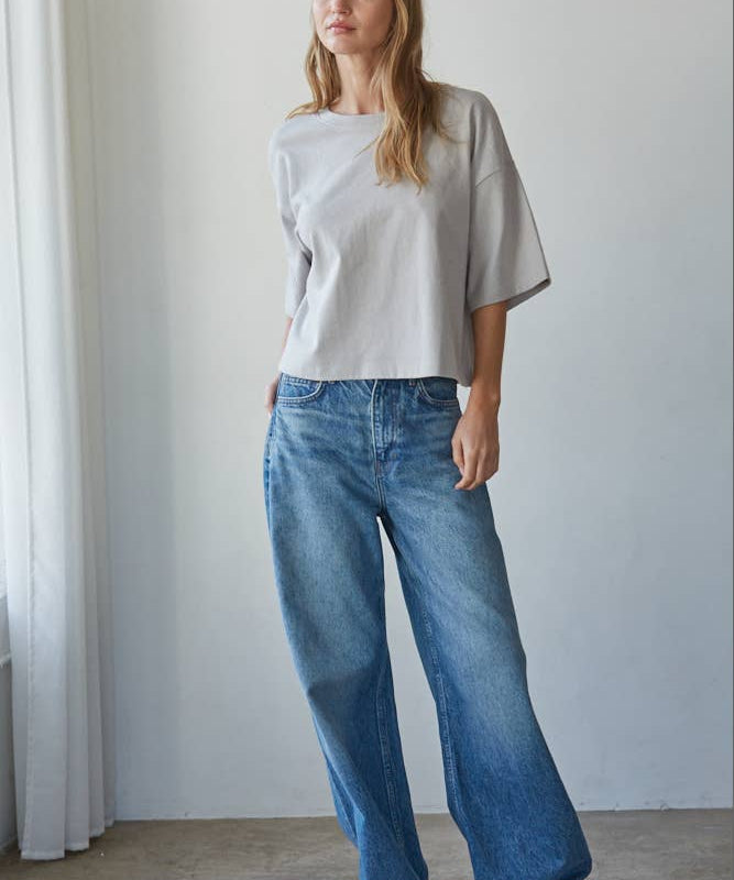 L8688 | Knit Cotton Crew Neck Drop Shoulder Short Sleeve Top