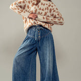 Pleated Wide-Leg Button Closure Pants