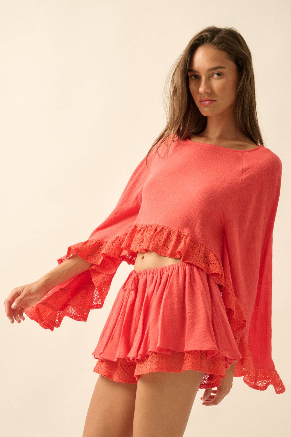 Cotton Gauze and Crochet Lace Ruffle Bell-Sleeve Cropped Top