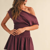 ID9559  OFF SHOULDER SMOCKED WAIST MINI DRESS