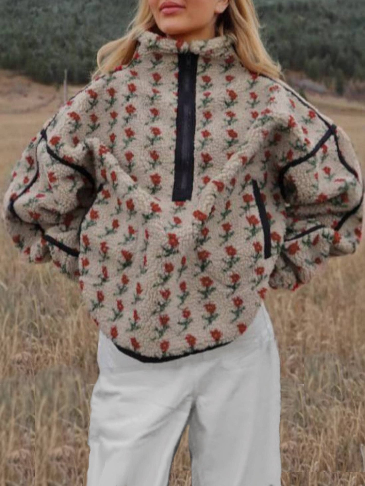 Rose Print Half-Zip Jacket