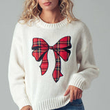 Plaid Bow Patch  Knit Sweater