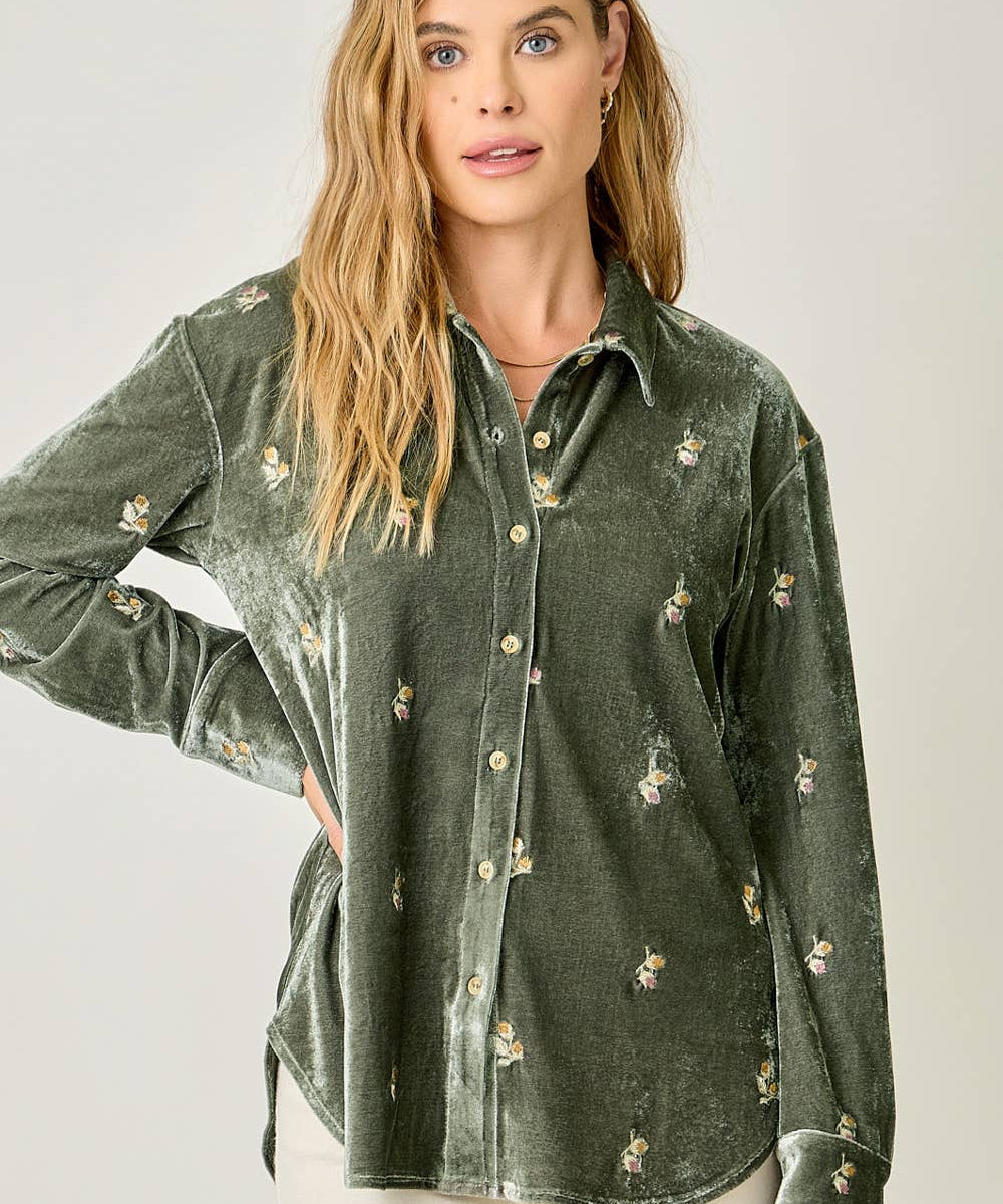 Embroidery Velvet Collared Shirt