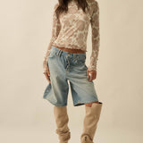 Floral-Print Mesh Mock-Neck Raglan Top