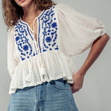 Blue & White Tassel Ruffled Blouse
