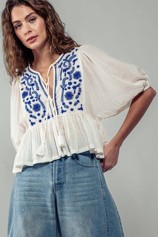 Blue & White Tassel Ruffled Blouse