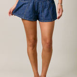 MID WAIST SMOCKING DETAIL FLARE SHORTS