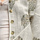 Cropped Quilted Band Collar Contrast Piping Linen Jacket