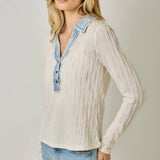 61698 Denim Mix Textured Knit Henley Top
