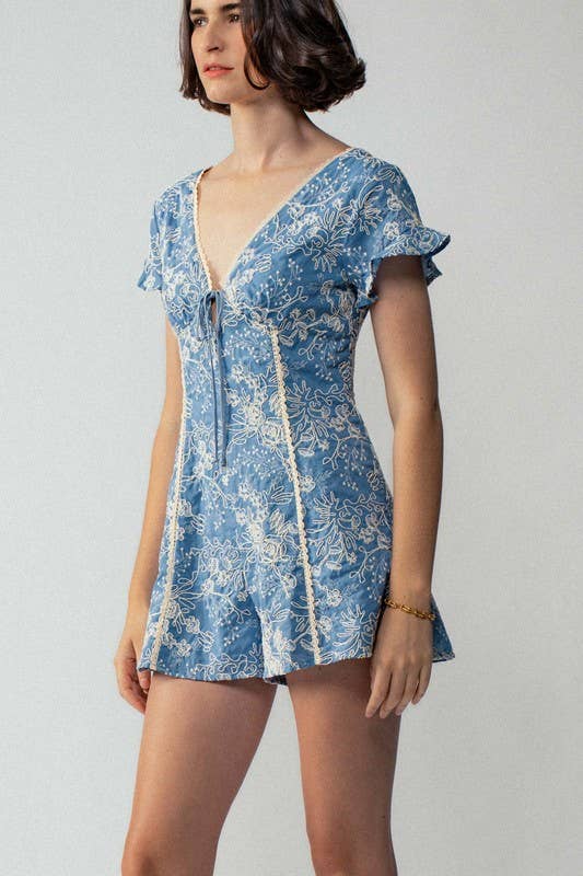 Embroidered Flutter Sleeve Romper