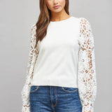 CONTRAST FLORAL LACE PUFF SLV CREW NECKLINE SWEATER FW11191
