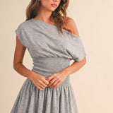 ID9559  OFF SHOULDER SMOCKED WAIST MINI DRESS