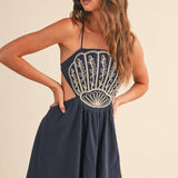 ID10176 SCALLOP APLIQUE CRISS CROSS BACK FLARE MINI DRESS