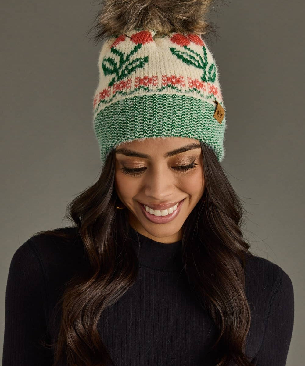 Ivory Cherry Pattern Pom Hat