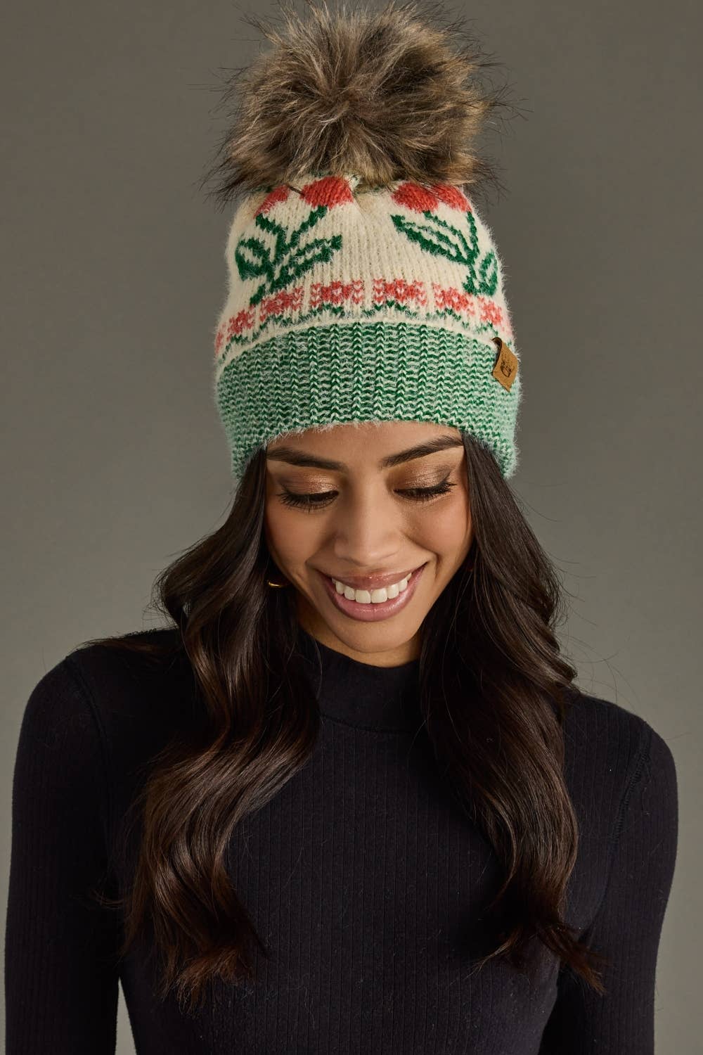 Ivory Cherry Pattern Pom Hat