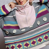 High Collar Half Zipper Ethnic Color Block Pullover Sweater