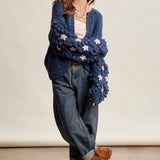 Hand Knit Floral Bobble Sleeve Cardigan LSW1097