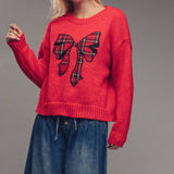 Plaid Bow Patch  Knit Sweater
