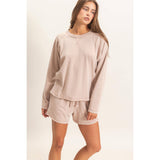 Mineral Wash Long Sleeve Raw Edge Top & Shorts Set