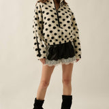 Polka Dot Fleece Crochet-Trim Half-Zip Pullover Jacket