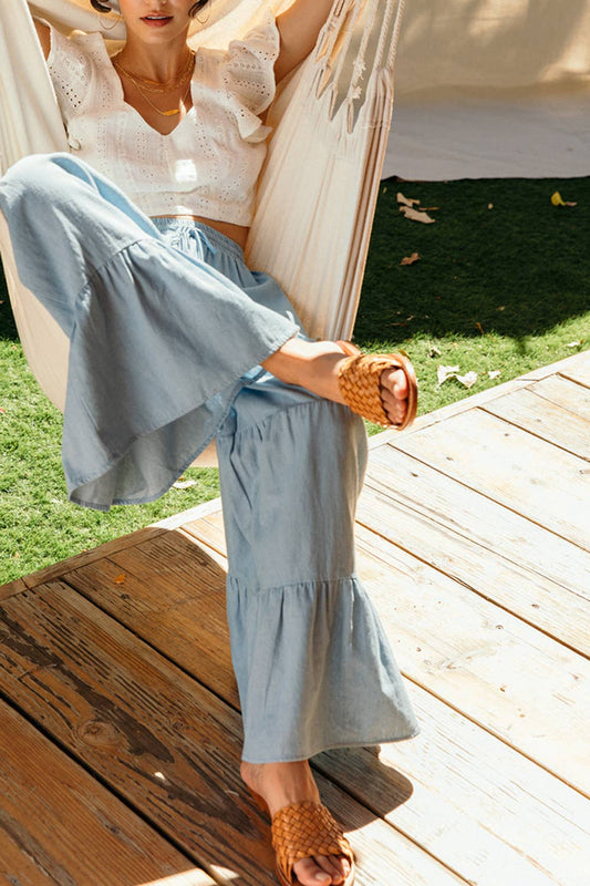 Drawstring Waist Chambray Tiered Wide Pants