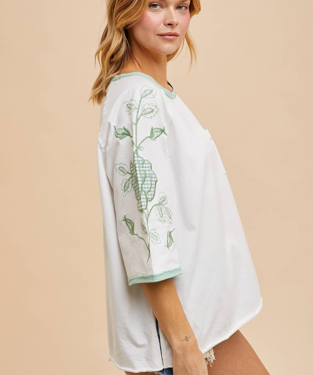 Cotton Embroidered Applique Ringer Tee