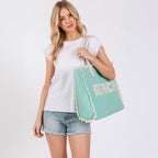 "Beach" Embroidered Fringe Tote Bag