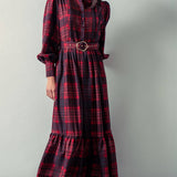 Plaid Belted Layered Button Down Balloon Sleeve Maxi Dress