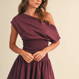 ID9559  OFF SHOULDER SMOCKED WAIST MINI DRESS