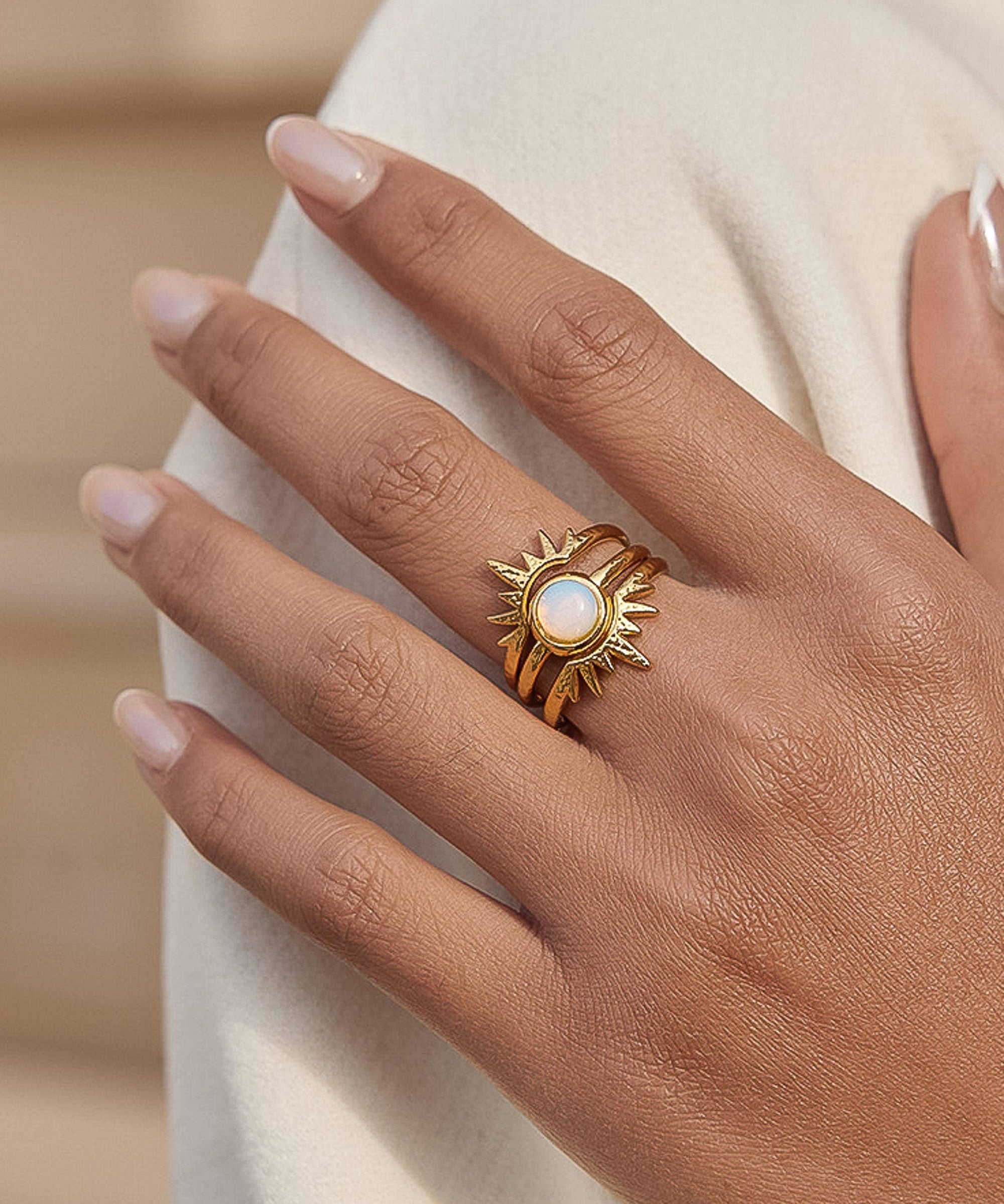 Nerina 18K Gold Non-Tarnish Sunburst Opal Stackable Ring