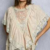 Lace Trim V Ruffle Detail Textured Woven Short Sleeve Top