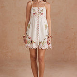 Embroidered Palm & Floral Scalloped Babydoll Mini Dress