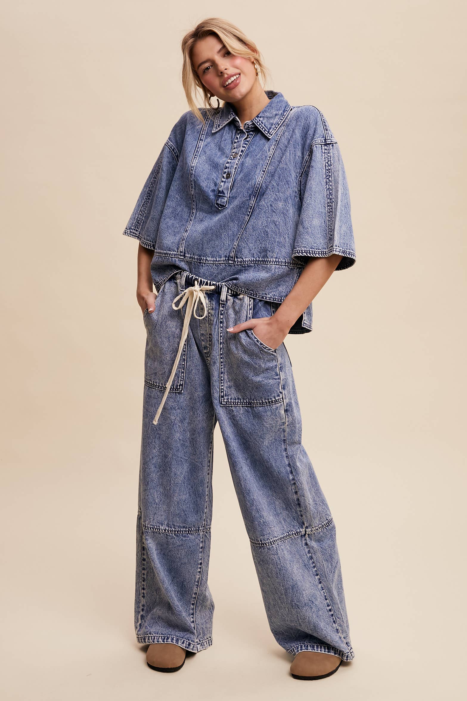 Wide-Leg Denim Drawstring Pants