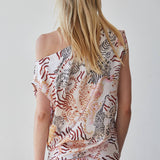L10192T | Woven Satin Polyester Animal Print Off Shoulder