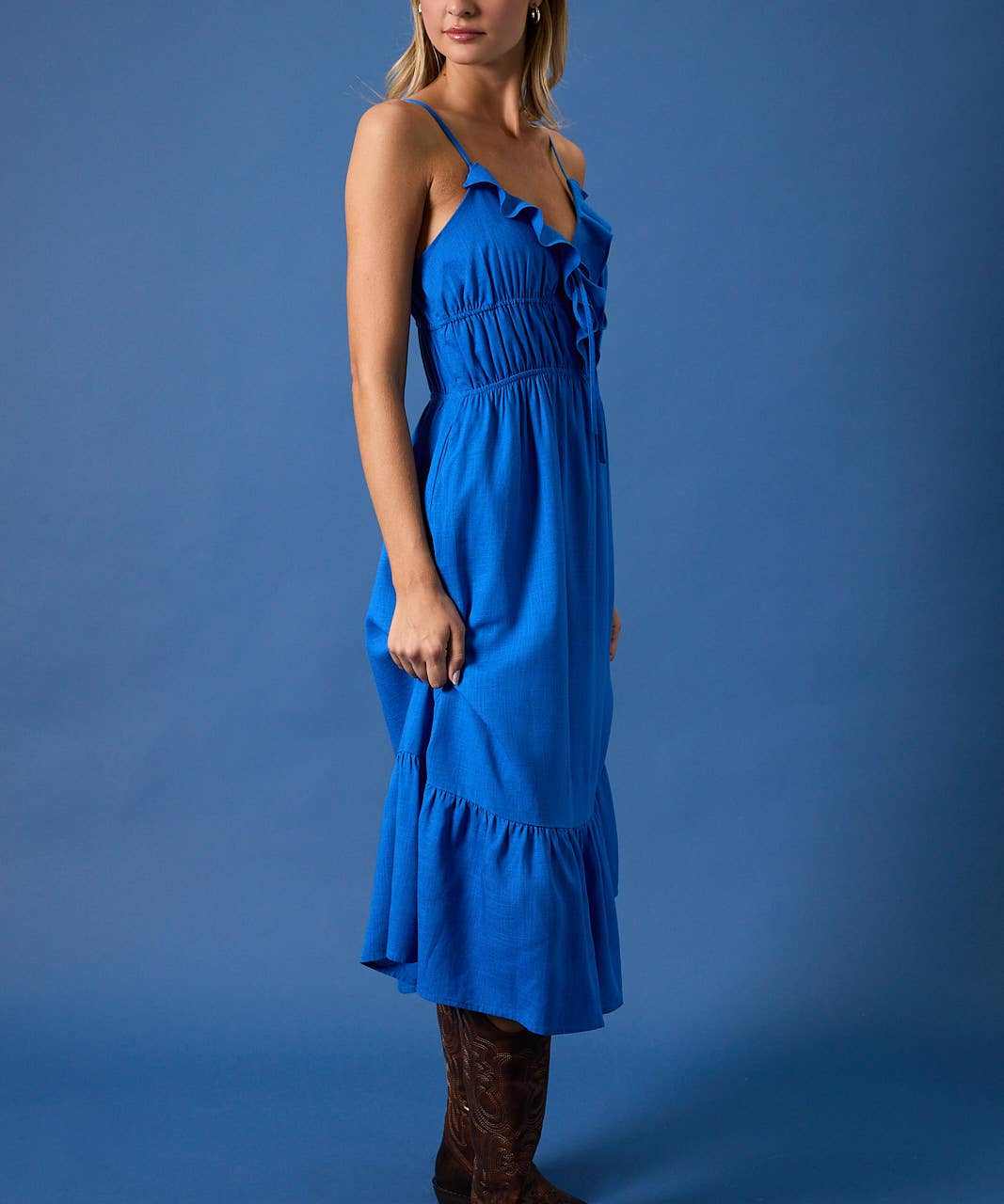 SLEEVELESS RUFFLES ON NECK LINE FIT & FLARE MIDI DRESS