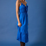 SLEEVELESS RUFFLES ON NECK LINE FIT & FLARE MIDI DRESS