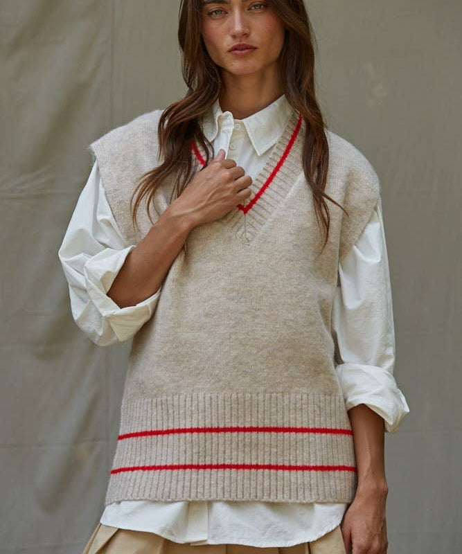 Knit Sweater Vest Top With Printed Striped Detail