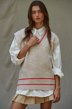 Knit Sweater Vest Top With Printed Striped Detail