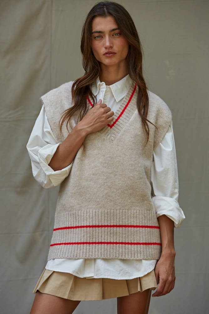 Knit Sweater Vest Top With Printed Striped Detail