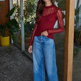 Ribbed Sheer Lace Mock Neck Long Sleeve