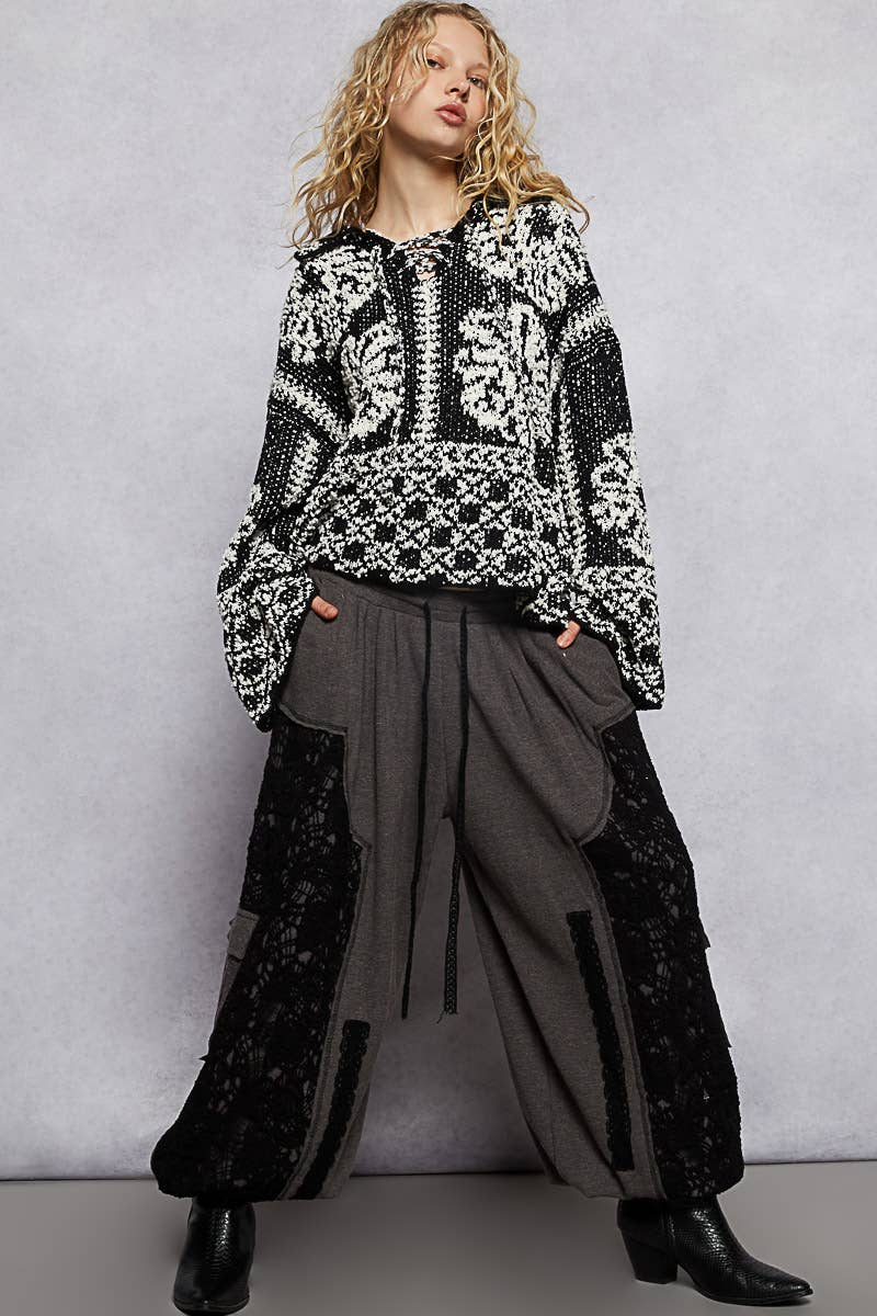 Crisscross Pattern Drawstring Sweater