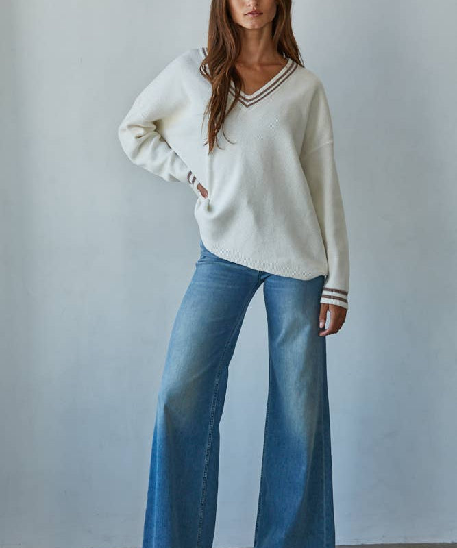 Deep V-Neck Cotton Knit Sweater