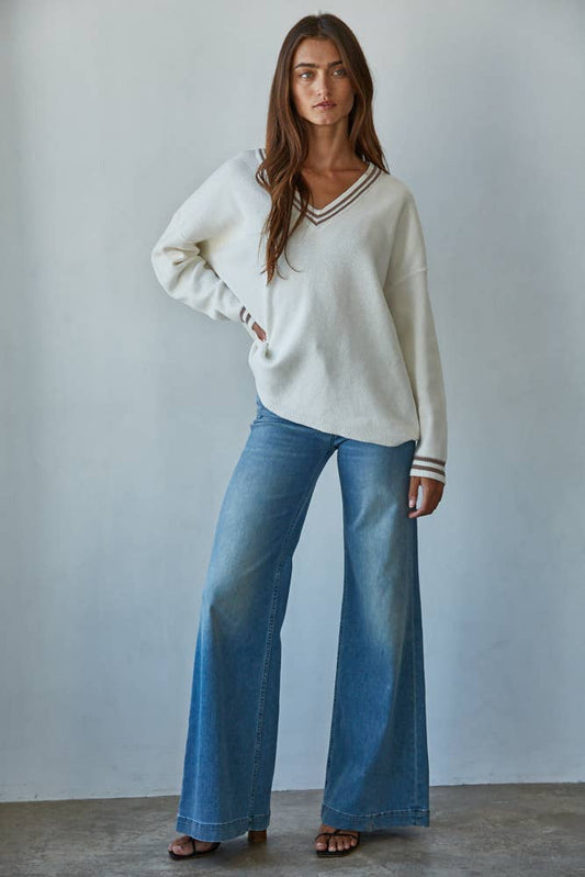 W2214 | Knit Sweater Cotton Deep V-Neck Long Sleeve Pullover