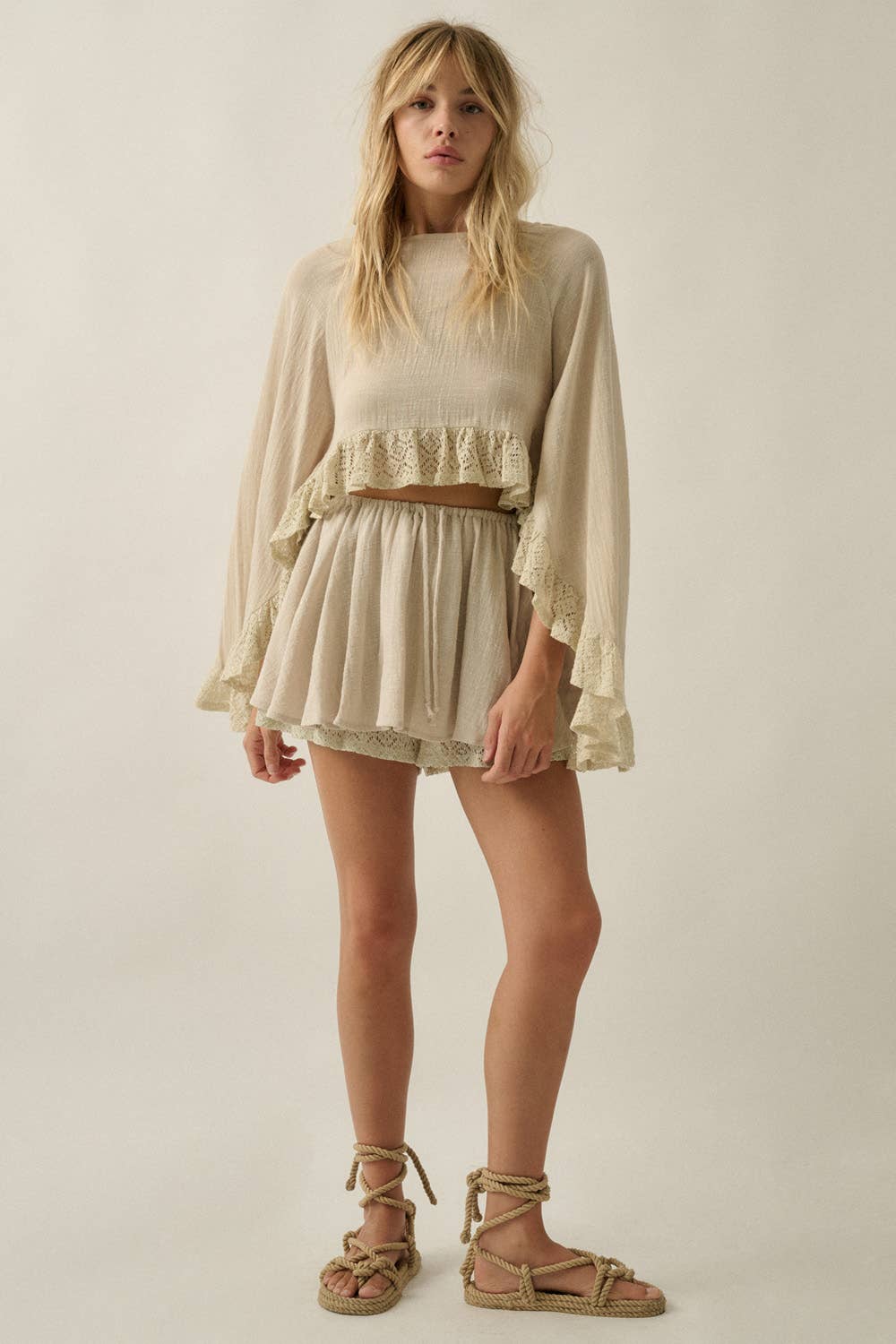 Cotton Gauze and Crochet Lace Ruffle Bell-Sleeve Cropped Top