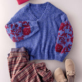 Romantic Floral Embroidered V-Neck Sweater