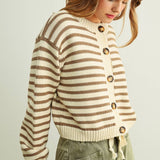 J6774   STRIPED PATTERN BUTTON FRONT KNITTED CARDIGAN