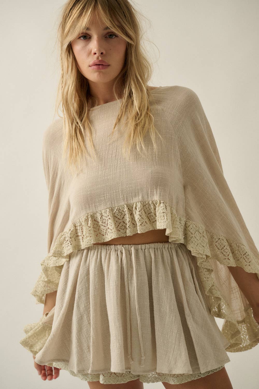 Cotton Gauze and Crochet Lace Gathered Drawstring Skort