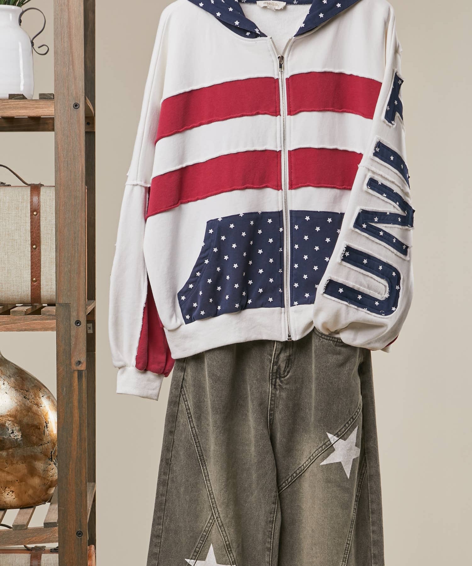 United States Patch work Oversized Zip Hoodie
