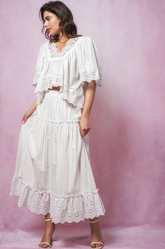 Laced Eyelet Tiered Midi Skirt