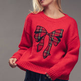Plaid Bow Patch  Knit Sweater